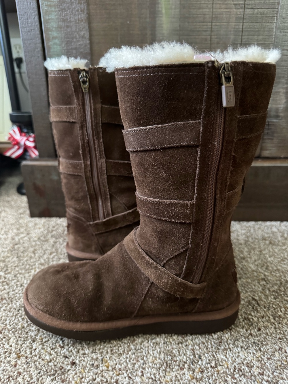 UGG Maddi Brown Leather Triple Buckle Mid-Calf Boots with Side Zipper - Size 3Y - Picture 2 of 10